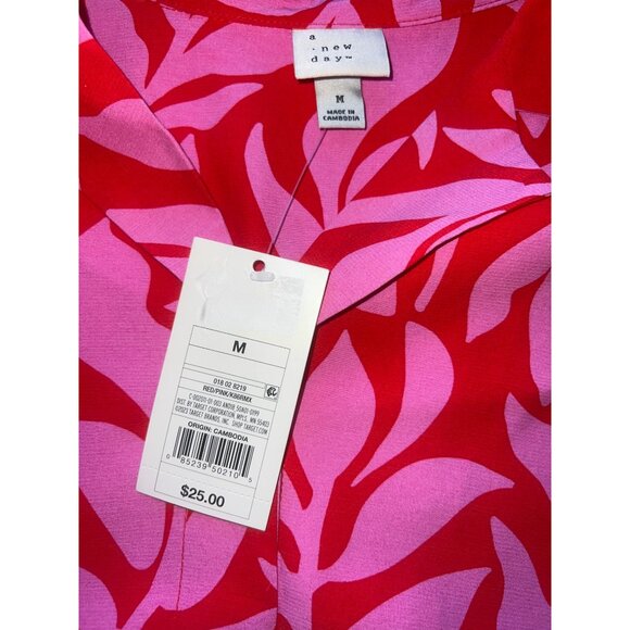 A New Day Red & Pink Leaf Print Button-Up Rayon Shirt Womens Size M - Picture 5 of 6